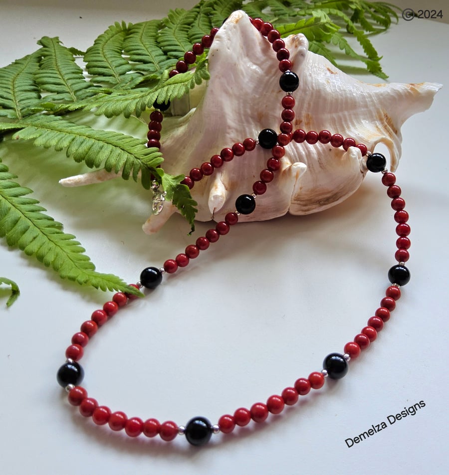 Bamboo Eco Coral & Black Onyx Necklace 925 Sterling Silver