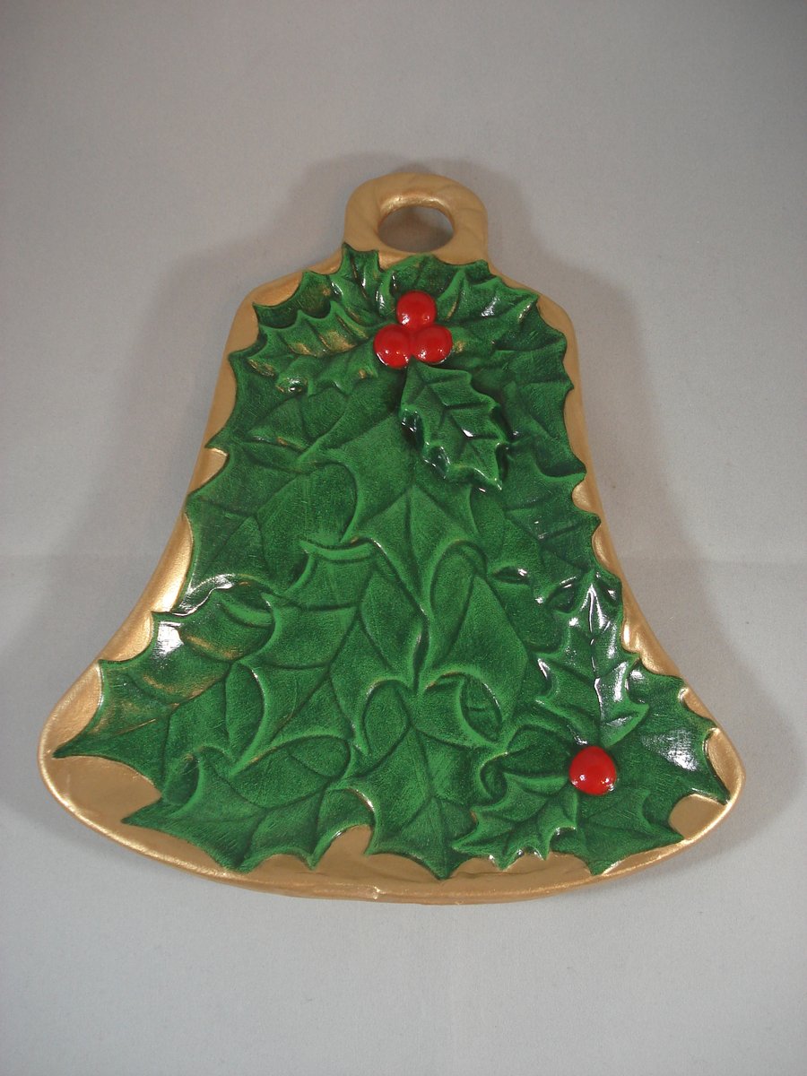 Ceramic Hand Painted Christmas Xmas Gold Green Red Holly Dish Table Decoration.