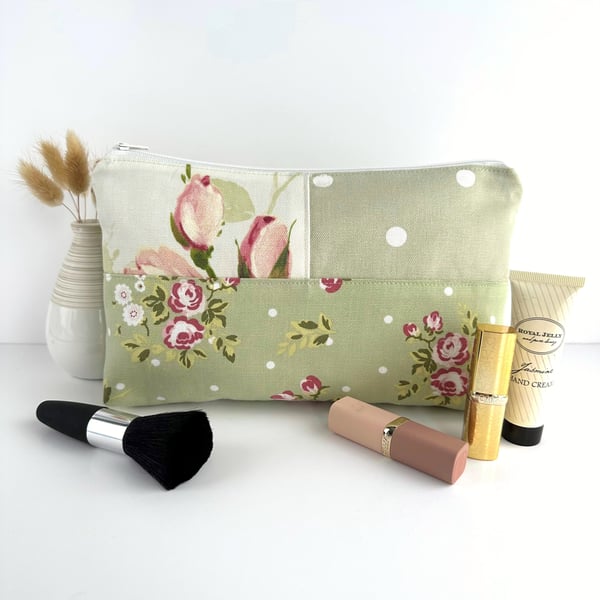 Large Make up Bag with Pastel Roses and Polka Dots
