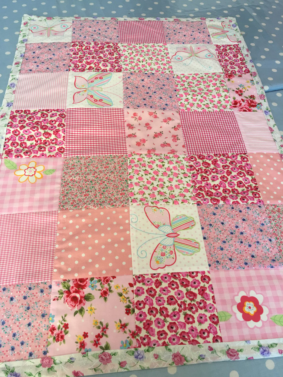 Pink Patchwork quilt, throw,bedspread, cot quilt