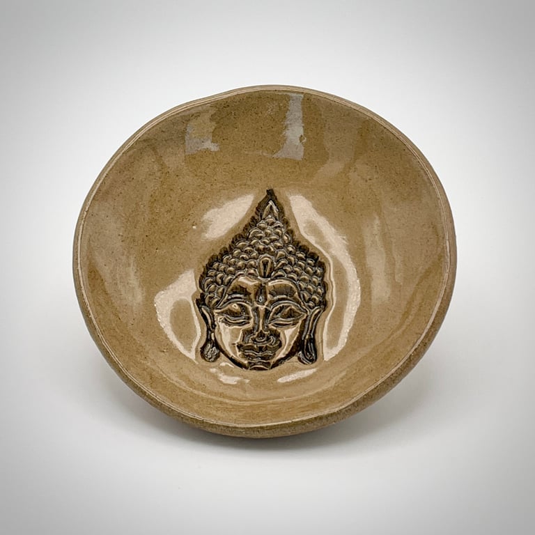 NEW!  Stoneware ceramic trinket dish with brown Buddha design