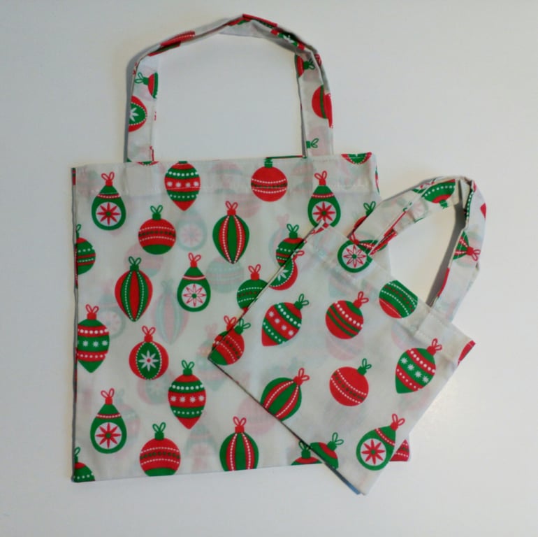 Reusable Xmas gift bags, baubles, two Christmas gift bags, gift wrap
