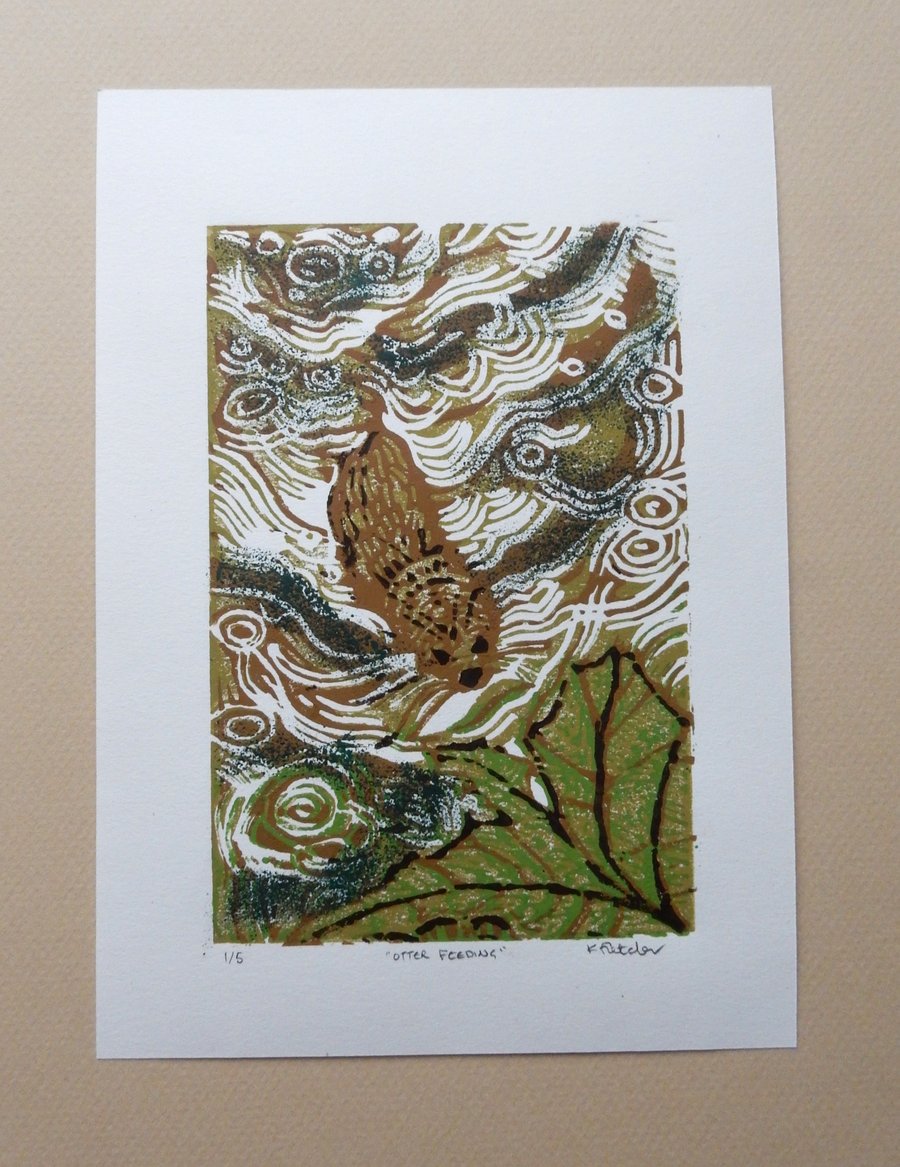 Otter Feeding Original Limited Edition Reduction Linocut Print