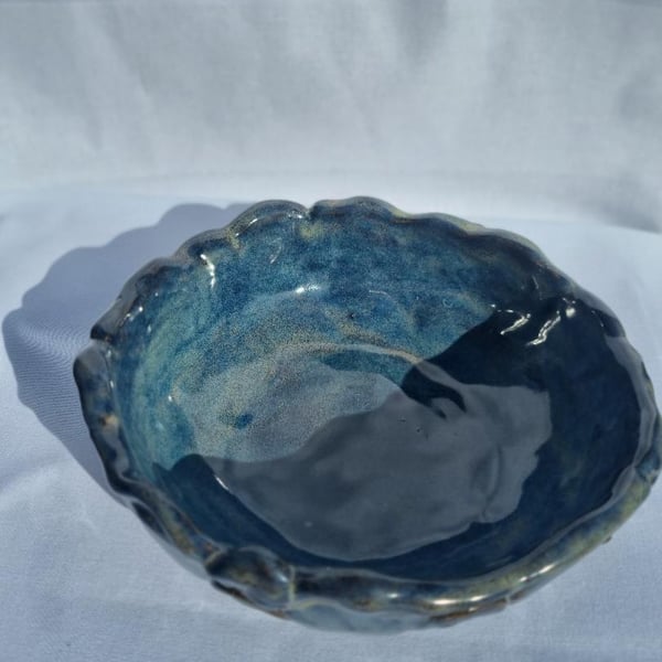 Handmade Ceramic Bowl Blue green glaze Coil decorated Perfect Home Décor or gift