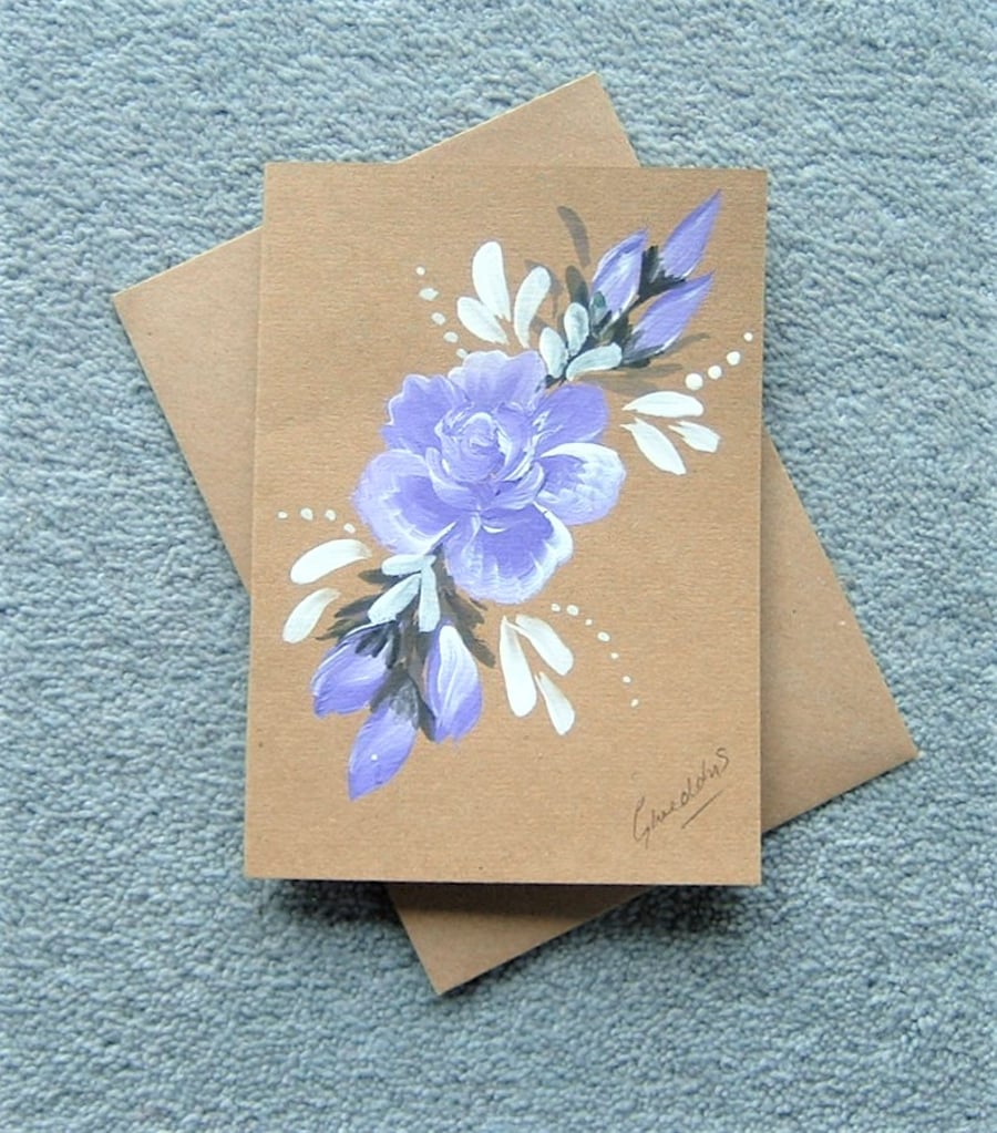 purple rose hand painted blank greetings card ( ref F 36 )