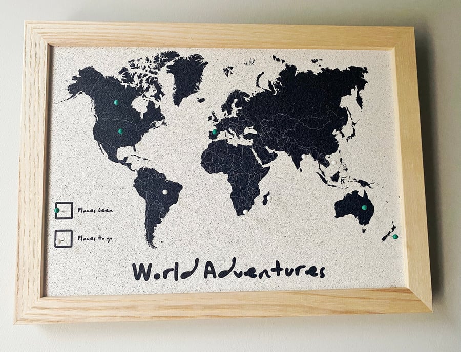 World Map Cork Pin Board Customisable with your own text