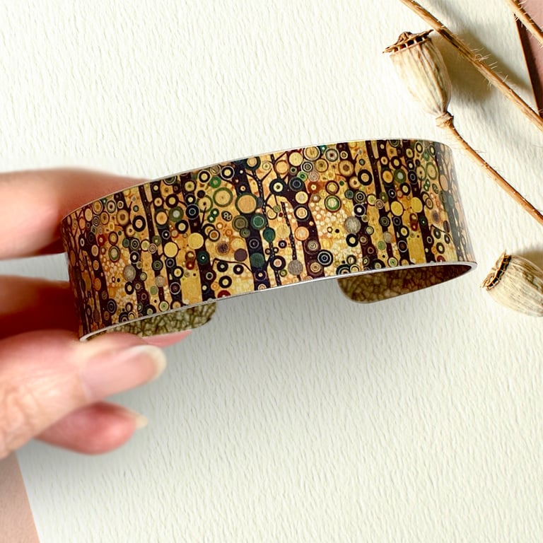 Yellow ochre trees cuff bracelet. Klimt inspired bangle. Can be personalised 848