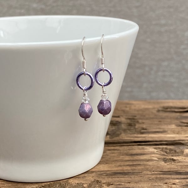 Reduced! Lilac Faceted Bead & Aluminium Ring Earrings. Sterling Silver. 