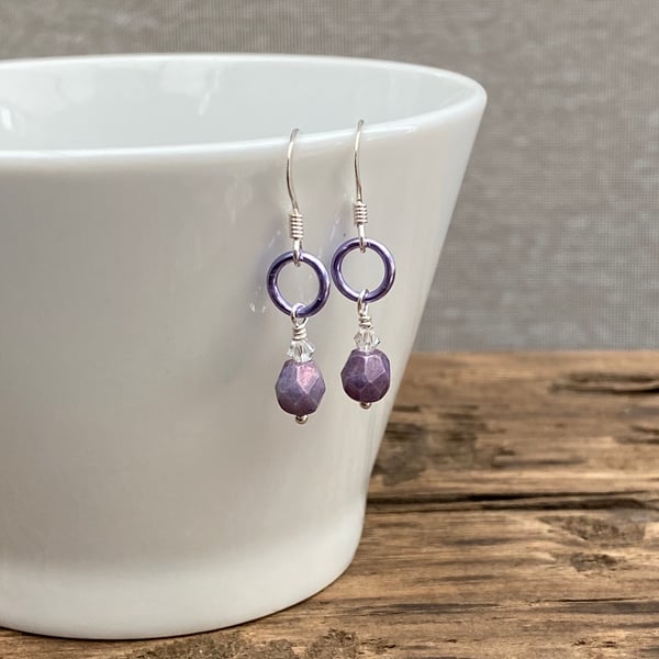 Lilac Faceted Bead & Aluminium Ring Earrings. Sterling Silver. 