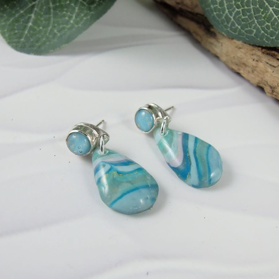 Earrings, Sterling Silver and Marbled Polymer Clay Stud Droppers