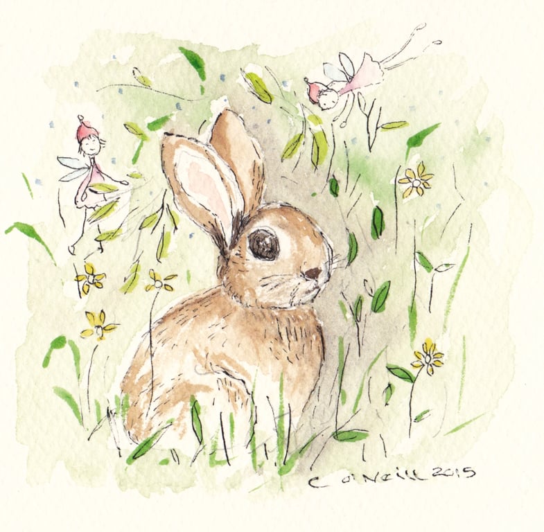 Original Ink and watercolour - Bunny amongst the flowers - Minature Art