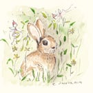 Original Ink and watercolour - Bunny amongst the flowers - Minature Art