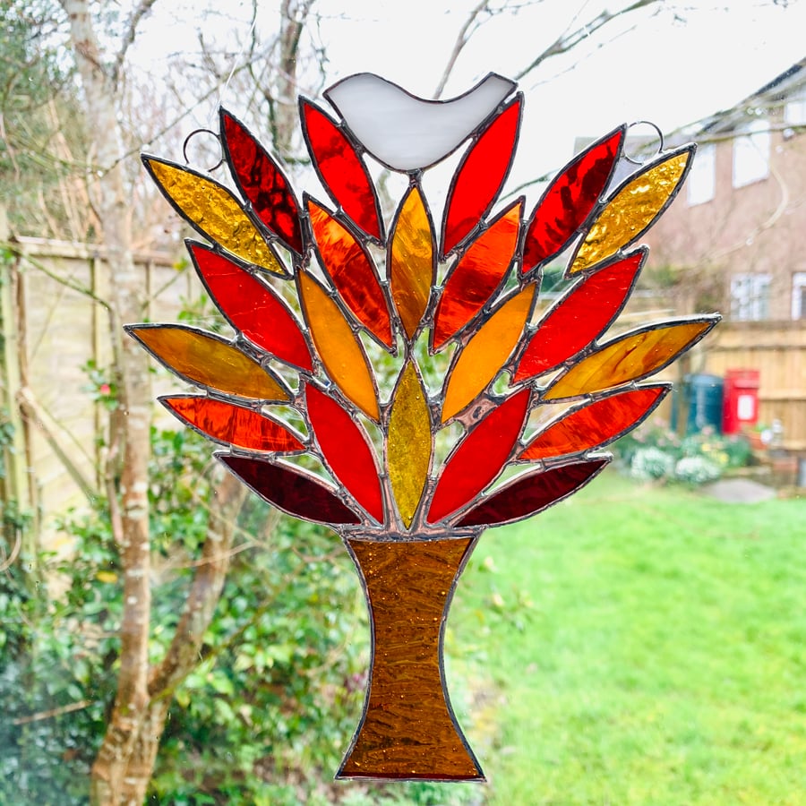 Stained Glass Birdie in a Tree Suncatcher - Handmade Window Decoration - Autumn 