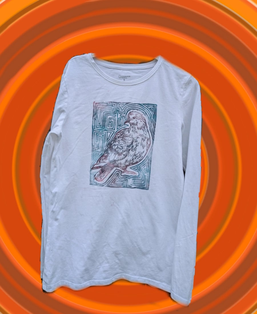 upcycled lino print unique pigeon long sleeved tshirt sized small