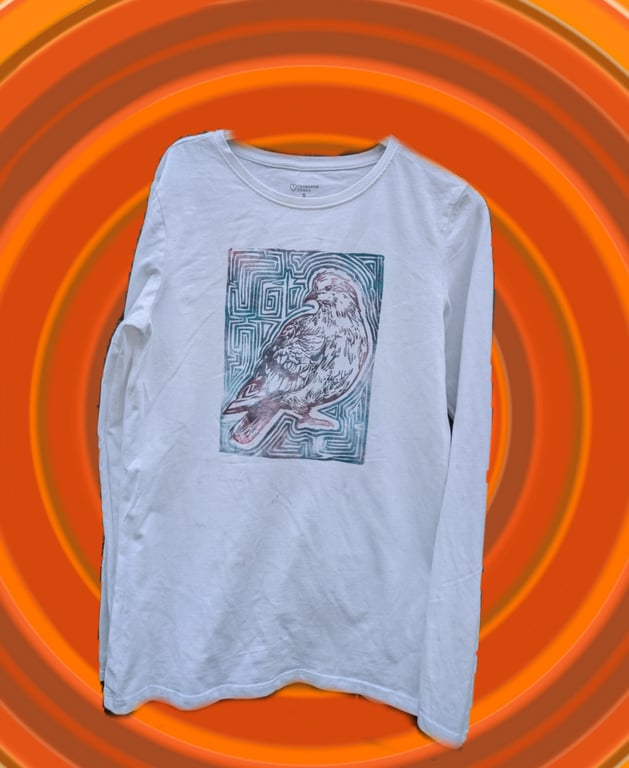 upcycled lino print unique pigeon long sleeved tshirt sized small