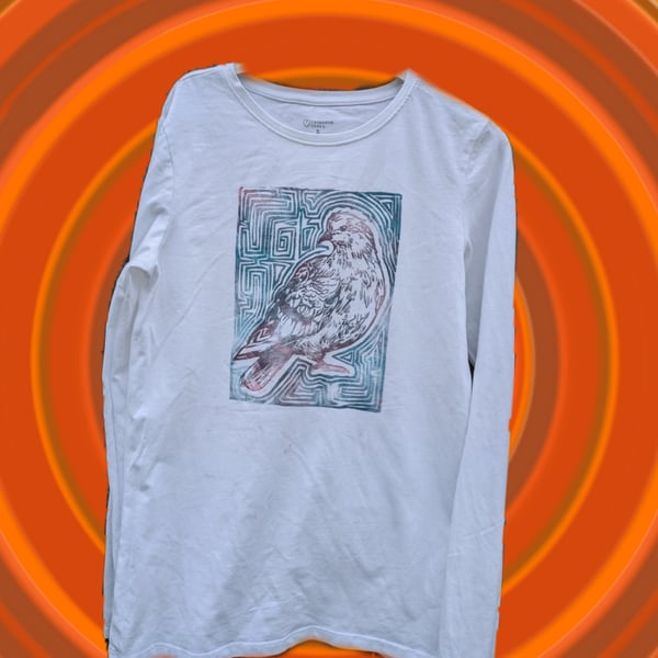 upcycled lino print unique pigeon long sleeved tshirt sized small