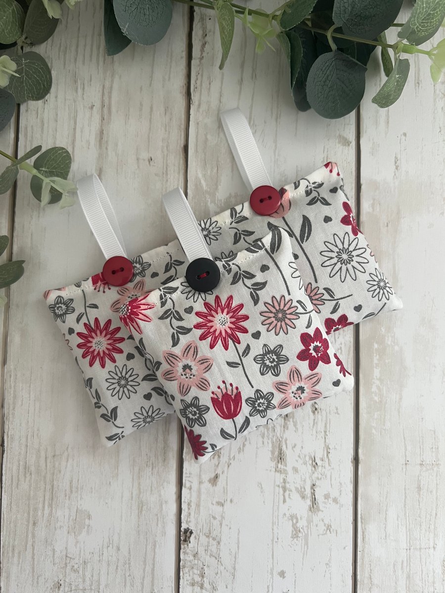 Lavender Sachets: Set of 3 in dark red & grey floral Cotton fabric, Sleep