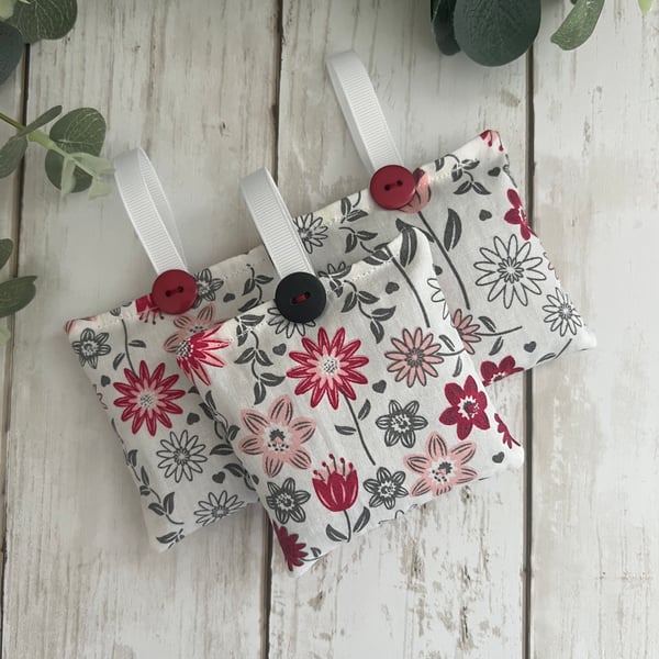 Lavender Sachets: Set of 3 in dark red & grey floral Cotton fabric, Sleep