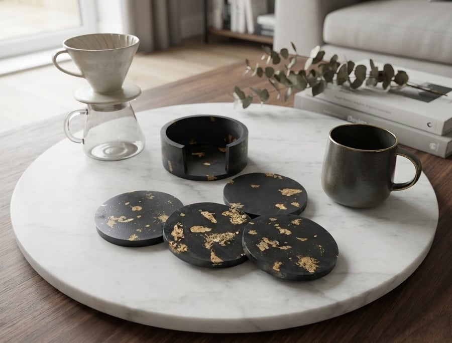 Black & Gold Leaf Eco-Resin Coaster Set