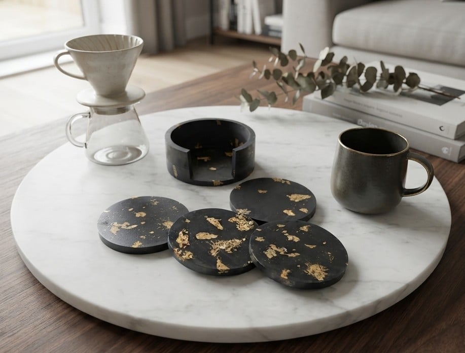 Black & Gold Leaf Eco-Resin Coaster Set