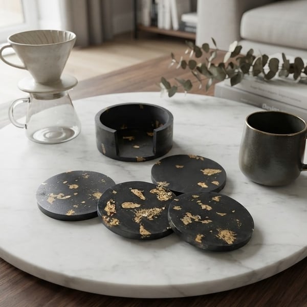 Black & Gold Leaf Eco-Resin Coaster Set