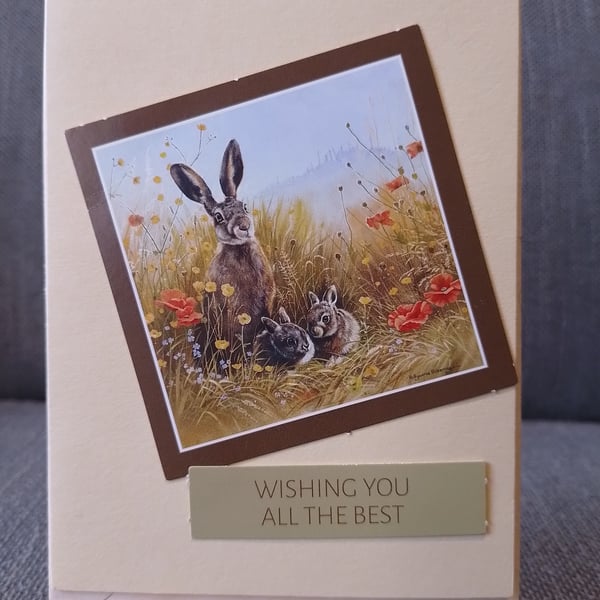 Mother rabbit and kits best wishes card