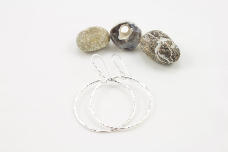 Handmade Sterling Silver Hammered Hoop Drop Earrings