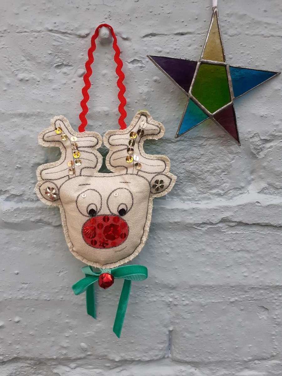 Linen Rudolph Decoration, Red Hanging Ribbon