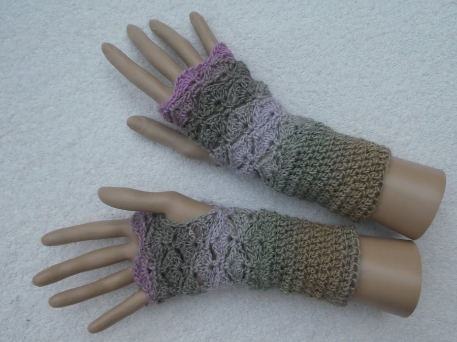 Crochet Fingerless Gloves Wrist Warmers in Double Knit Yarn Grey and Lilac No 2
