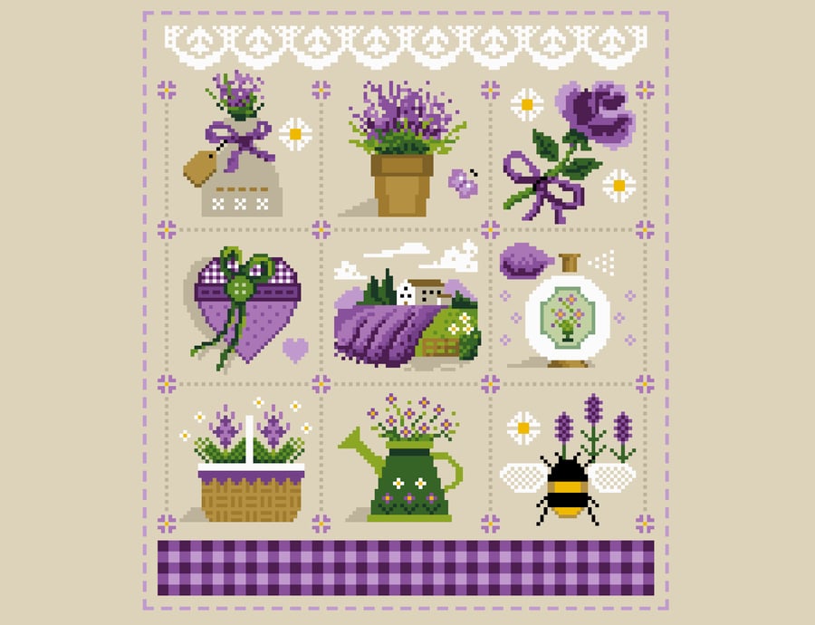 011 Cross stitch pattern - Lavender Fields Bees and nature - A Victorian Sampler