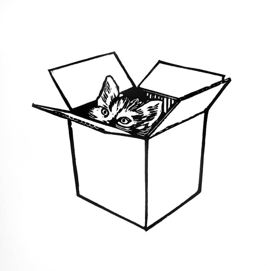 Cat in a Box - Linocut Print