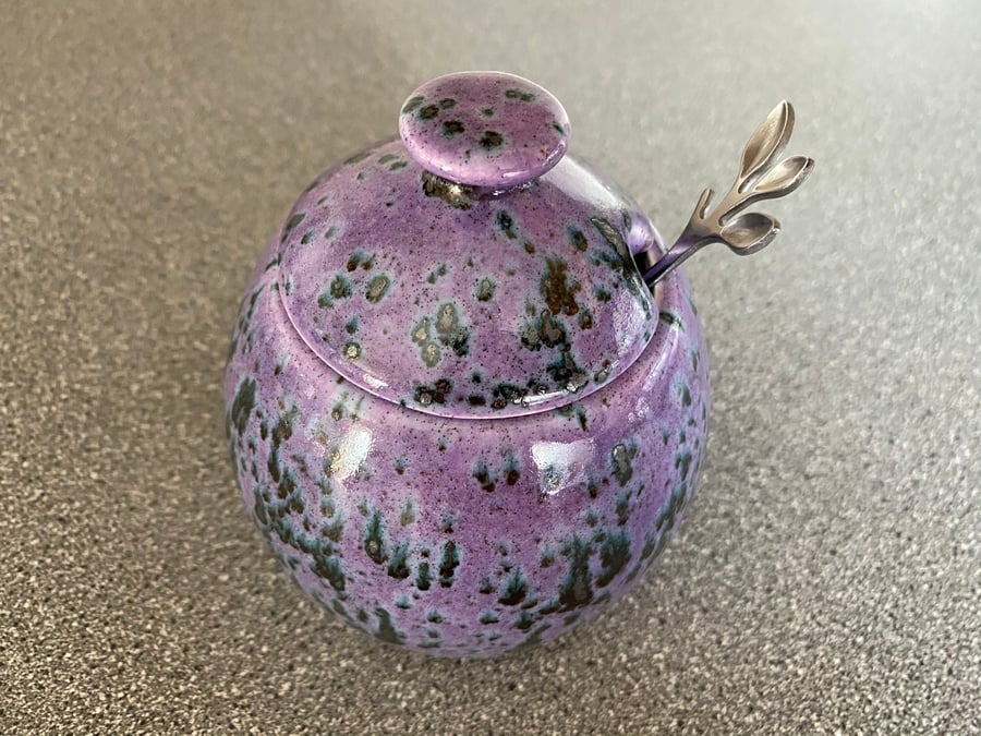 Jam Pot, Sugar Bowl with Lid and Spoon in Speckled Purple Glaze