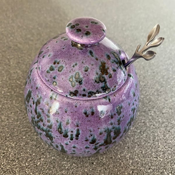 Jam Pot, Sugar Bowl with Lid and Spoon in Speckled Purple Glaze