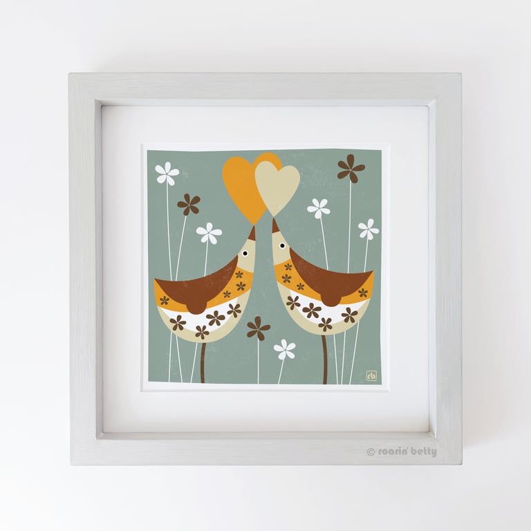 Song Thrushes With Love Hearts, modern bird print, original Giclee print