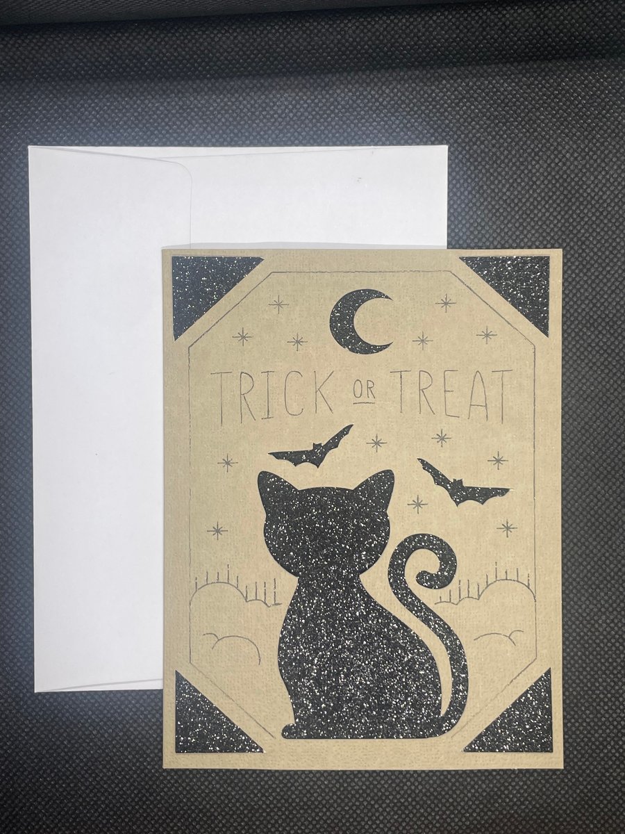 Moonlit Cat & Bat Halloween Card – Mystical Night Series