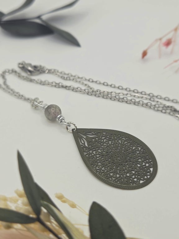 Moss Agate Beaded Necklace with Green Filigree Teardrop Pendant