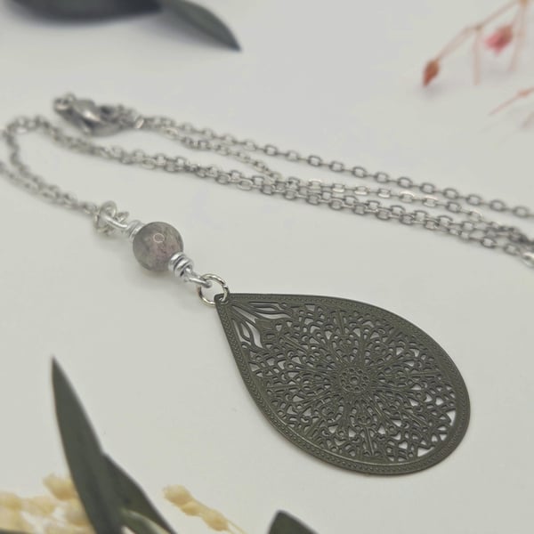 Moss Agate Beaded Necklace with Green Filigree Teardrop Pendant