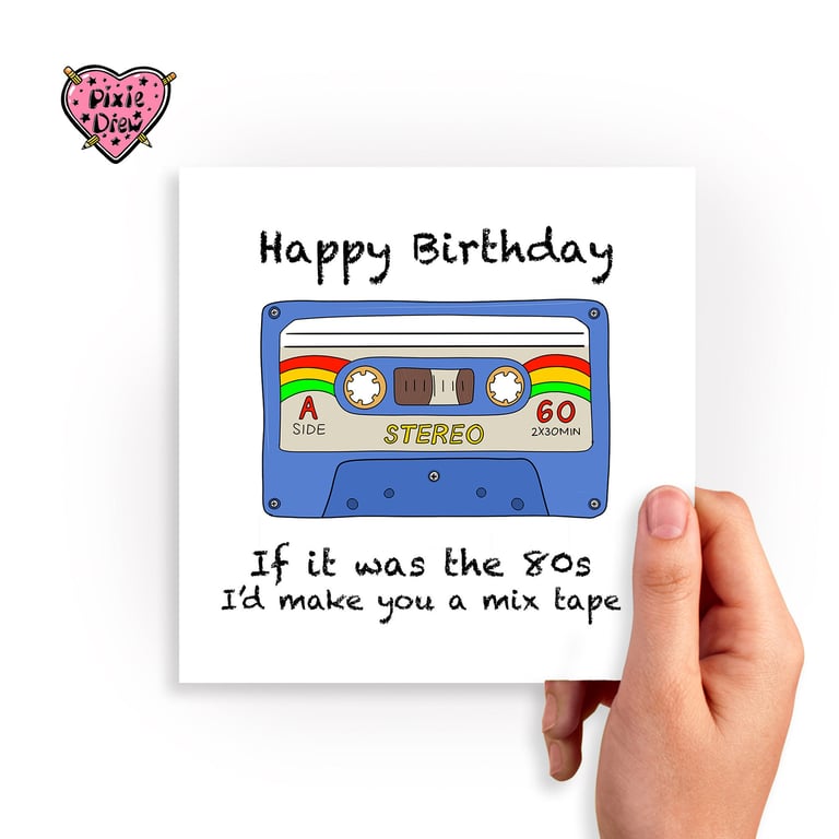 1980's Cassette Tape Retro Birthday Card, love songs mix tape card, funny valent