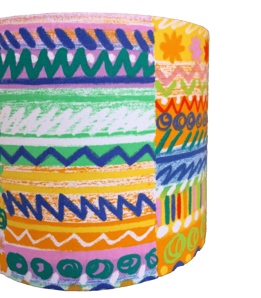 Fun Abstract Bright Scribble Multicolour Yellow 80s vintage fabric Lampshade