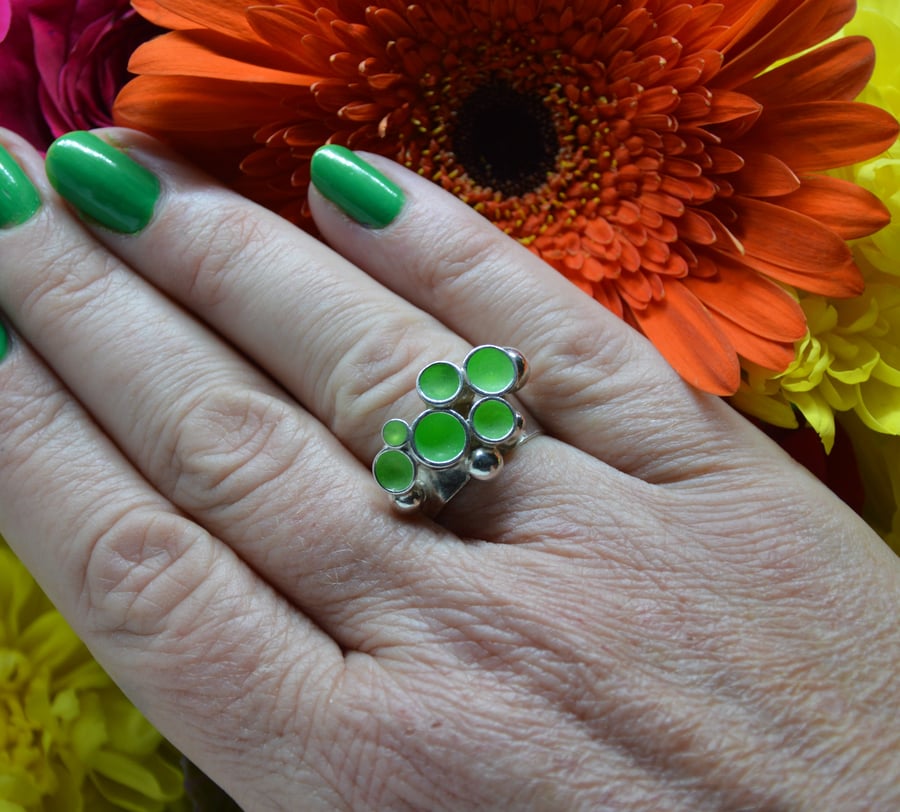 Sterling silver & florescent lime green enamel bubble ring