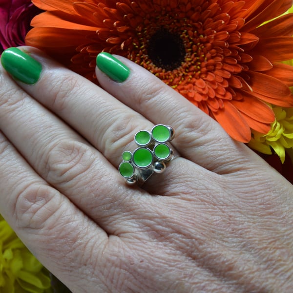 Sterling silver & florescent lime green enamel bubble ring