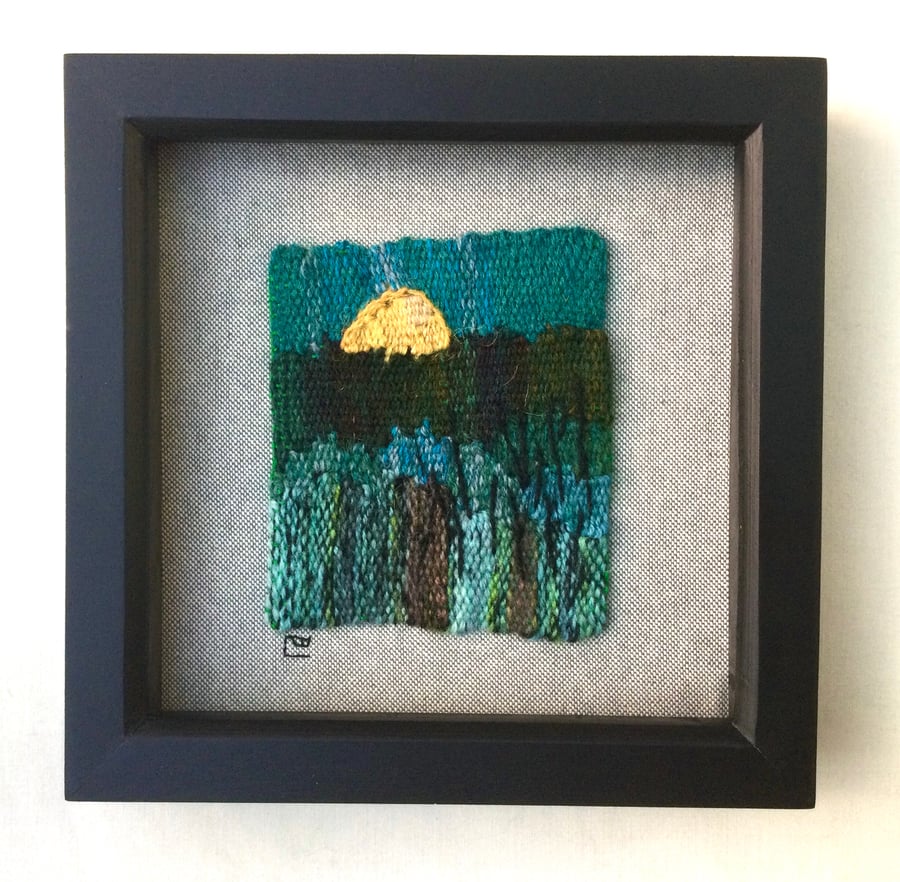 Framed handwoven tapestry weaving, textile art in blue, green and yellow