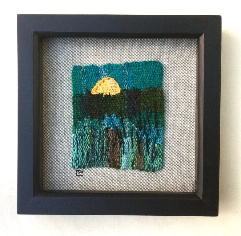 Framed handwoven tapestry weaving, textile art in blue, green and yellow