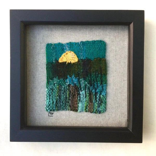 Framed handwoven tapestry weaving, textile art in blue, green and yellow