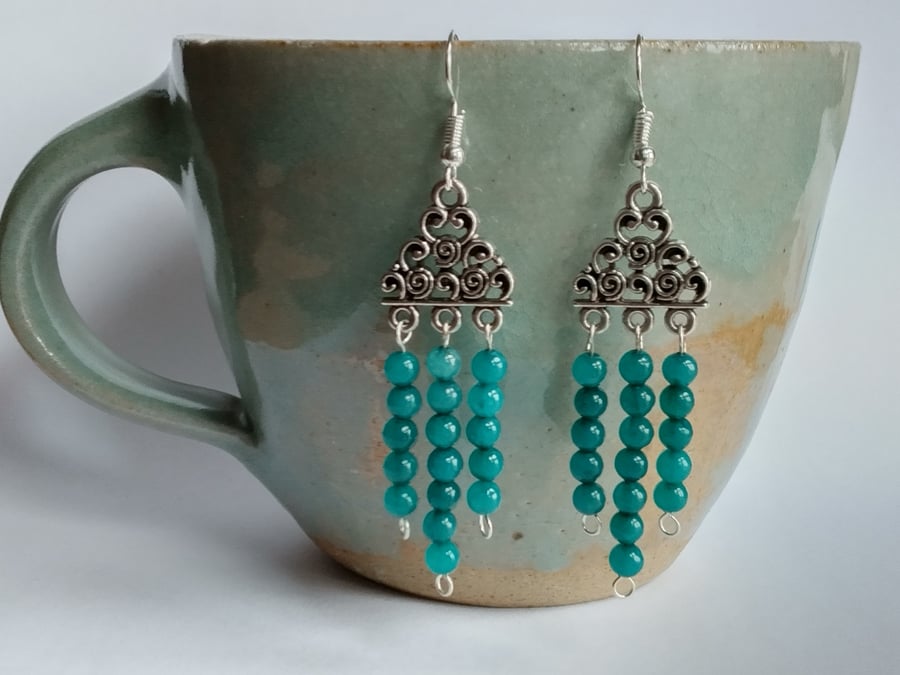 Handmade chandelier earrings with faux jade gemstone beads