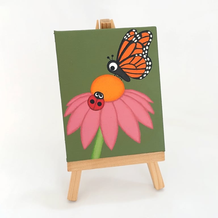 Butterfly and ladybird art on mini canvas - original cute garden scene painting