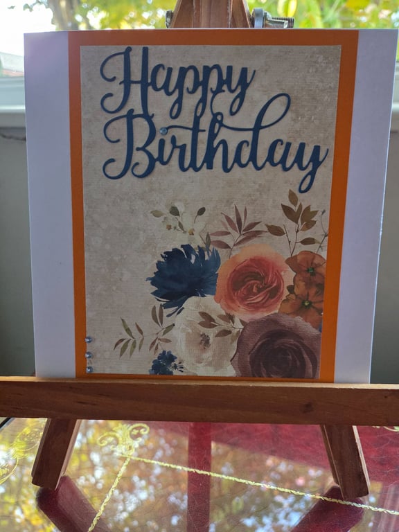Orange & Navy Floral Happy Birthday Card – Handmade Flower Birthday Card