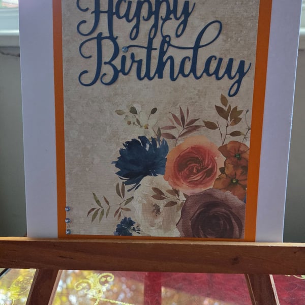 Orange & Navy Floral Happy Birthday Card – Handmade Flower Birthday Card