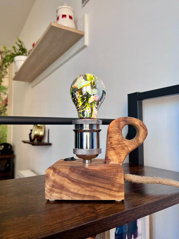 Olive Wood Low Profile Candle Lamp – Handmade Rustic Table Light