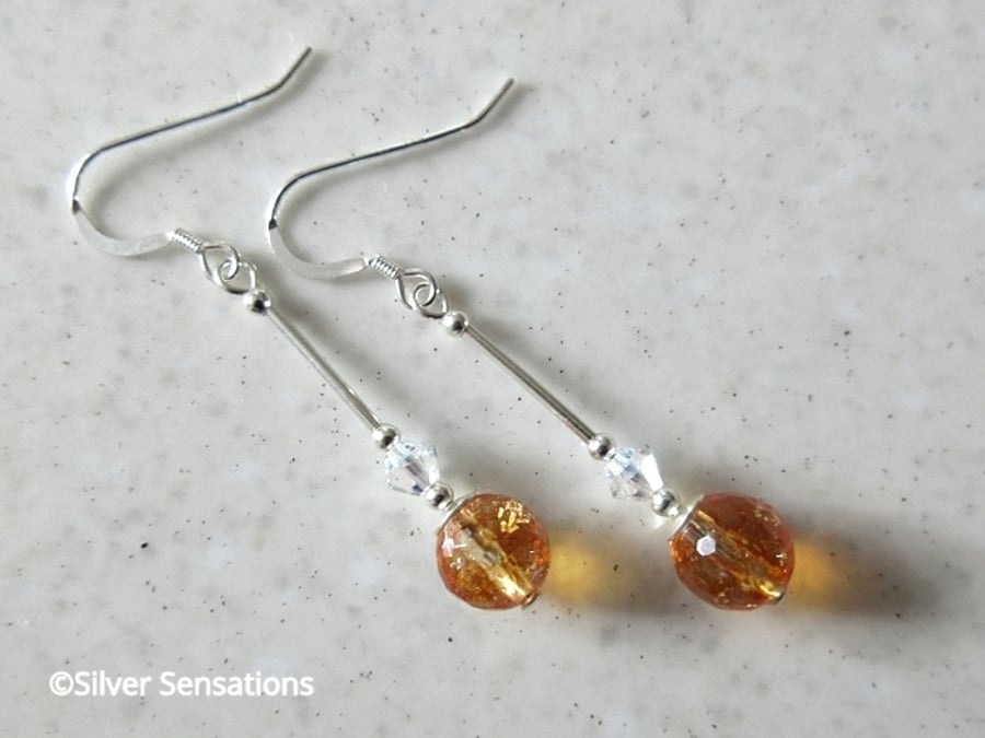 Faceted Orange Quartz Sterling Silver Earrings With Swarovski Crystals, 